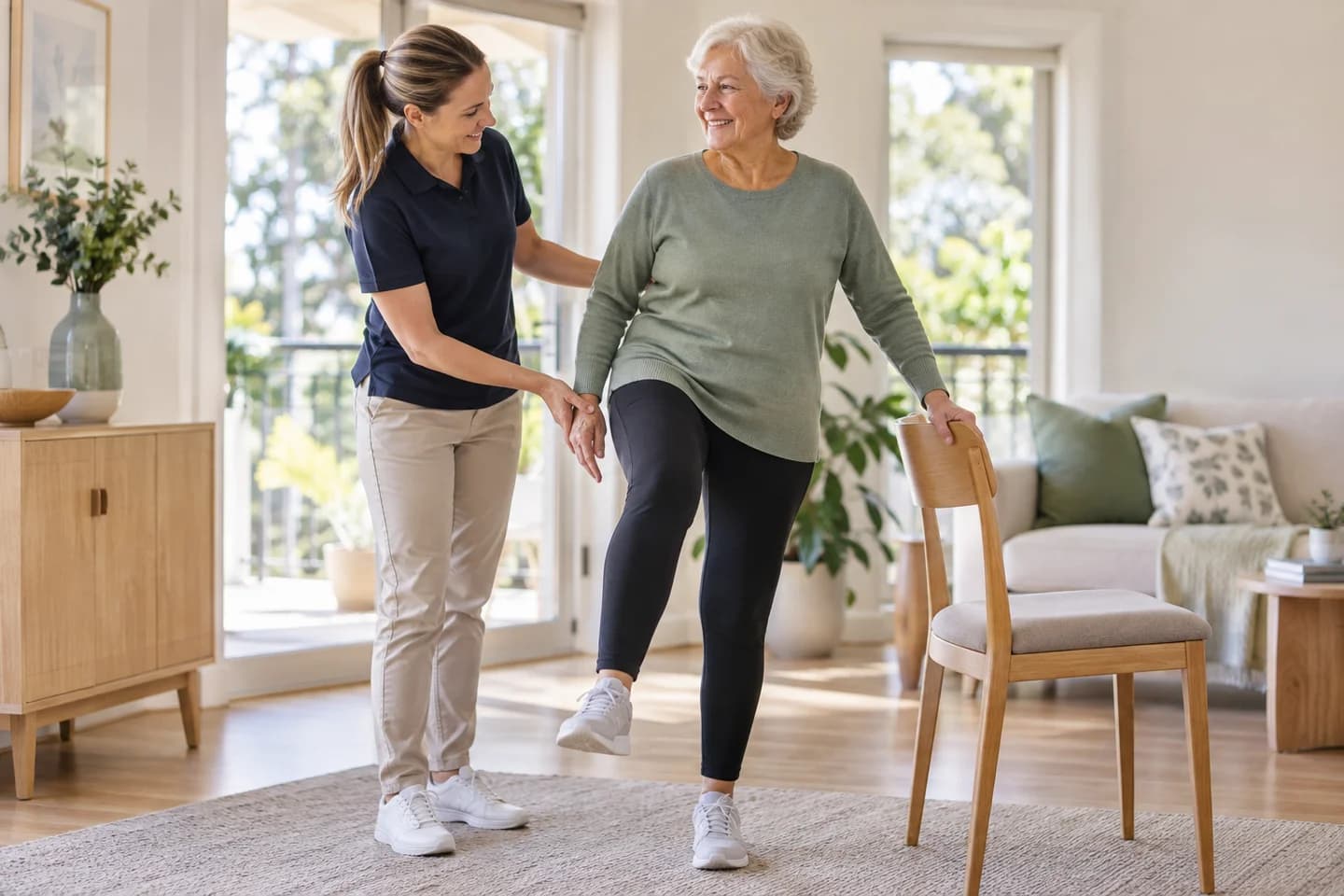 Therapist supporting an older woman through a balance exercise in her living room