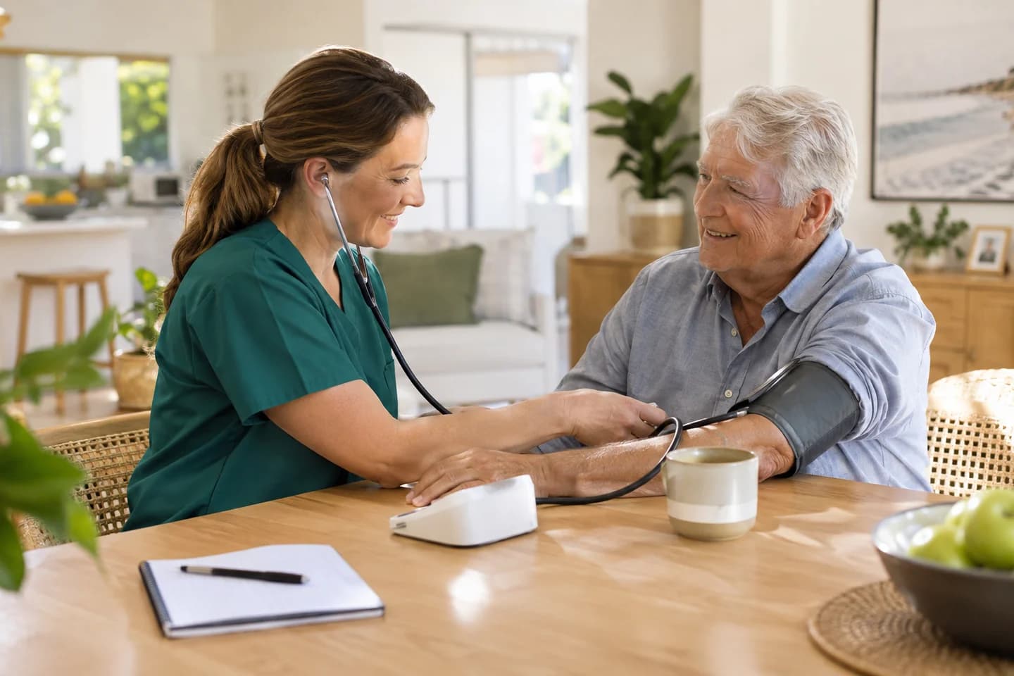 Nurse checking an older man’s blood pressure at his dining table