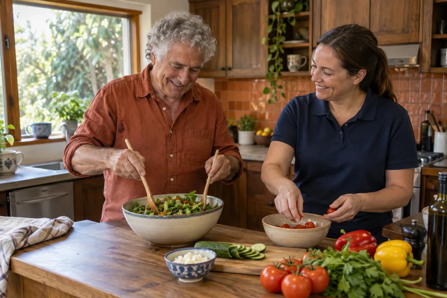 Care worker and older man preparing a salad together in a home kitchen