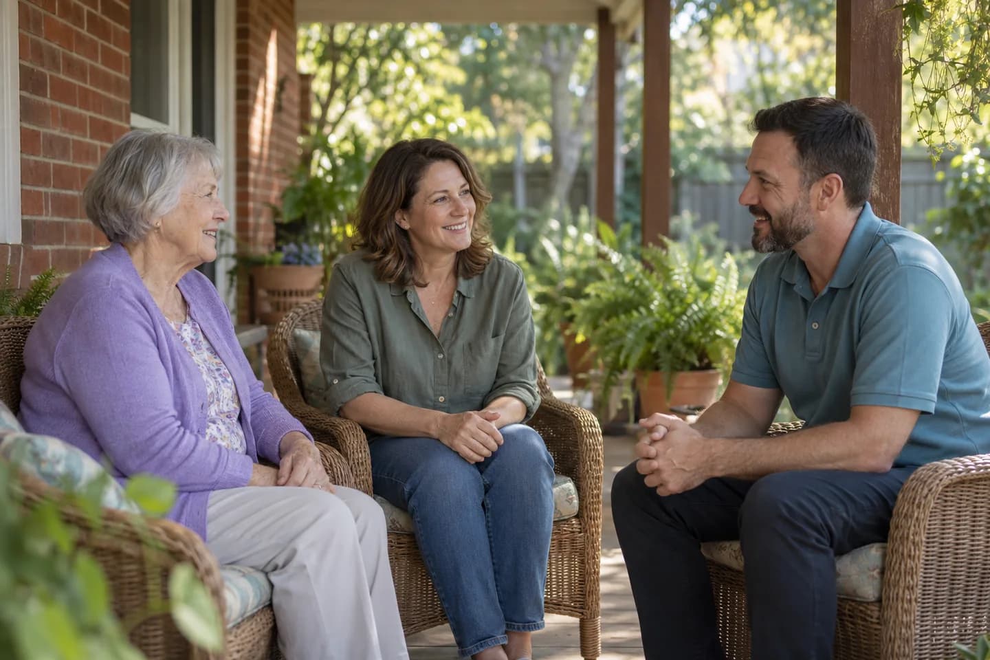 Care coordinator chatting with an older woman and her adult daughter on a sunny veranda