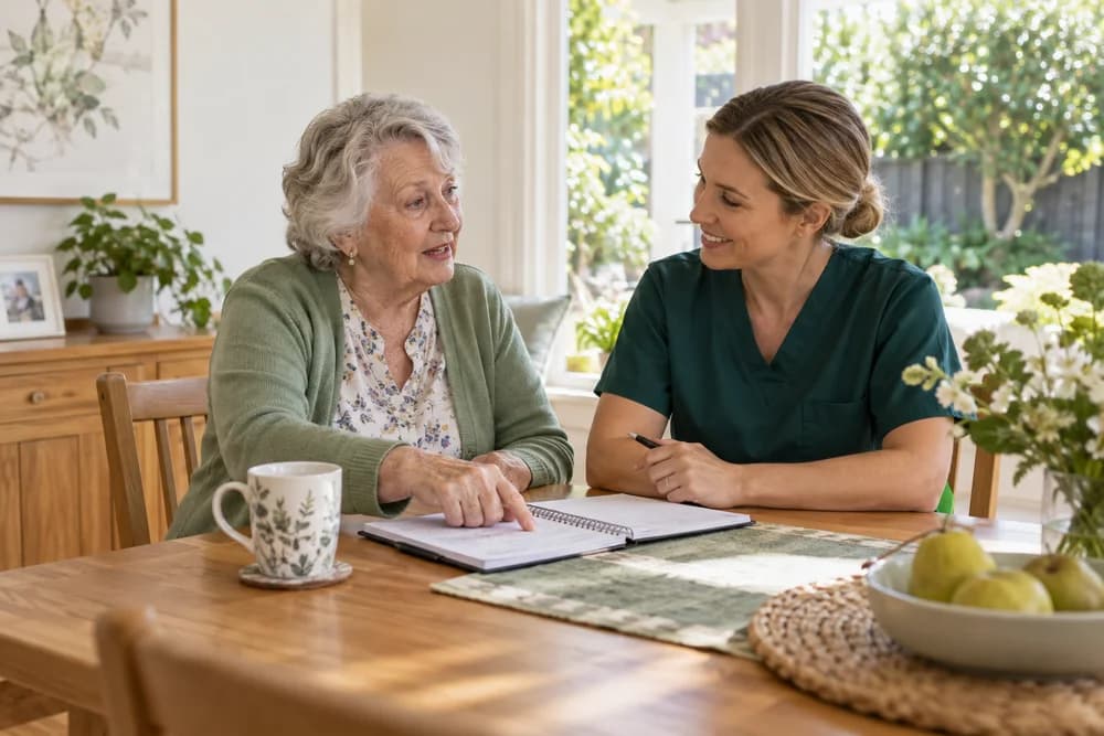 Care professional listening as an older woman talks through her care preferences at her dining table