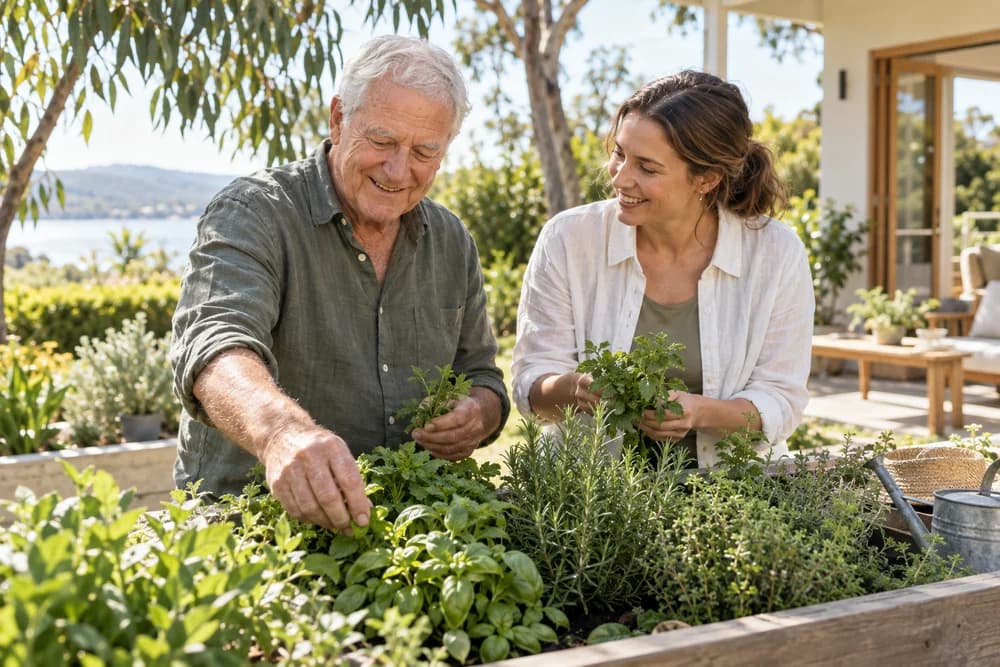 Older man and a younger woman picking herbs together from a garden bed