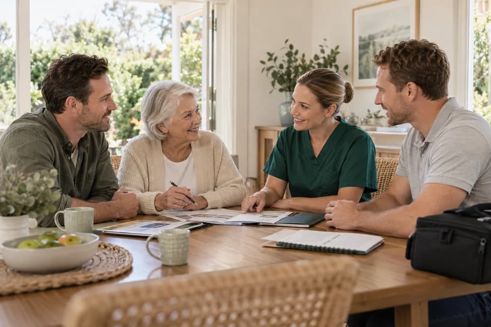 Nurse meeting with an older woman and her two adult sons around a dining table